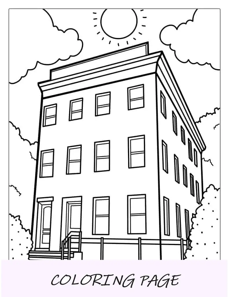 Folha para colorir de complexo de prédio de apartamentos
