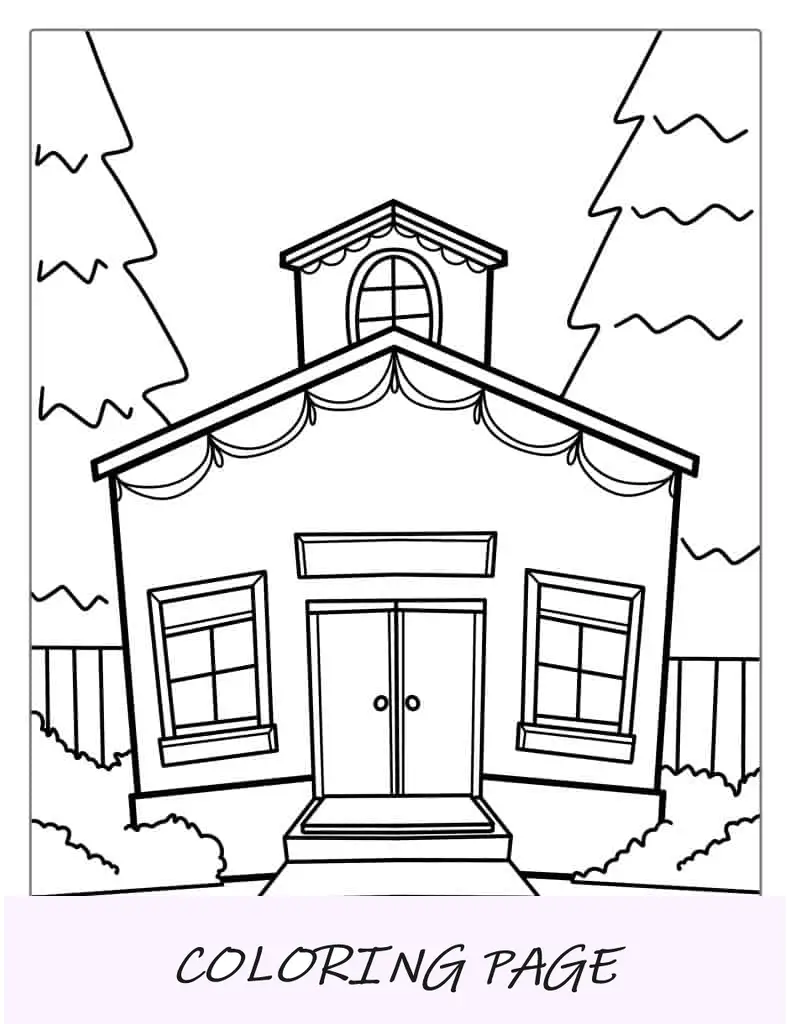 Página para colorir de casa escolar para crianças em idade pré-escolar