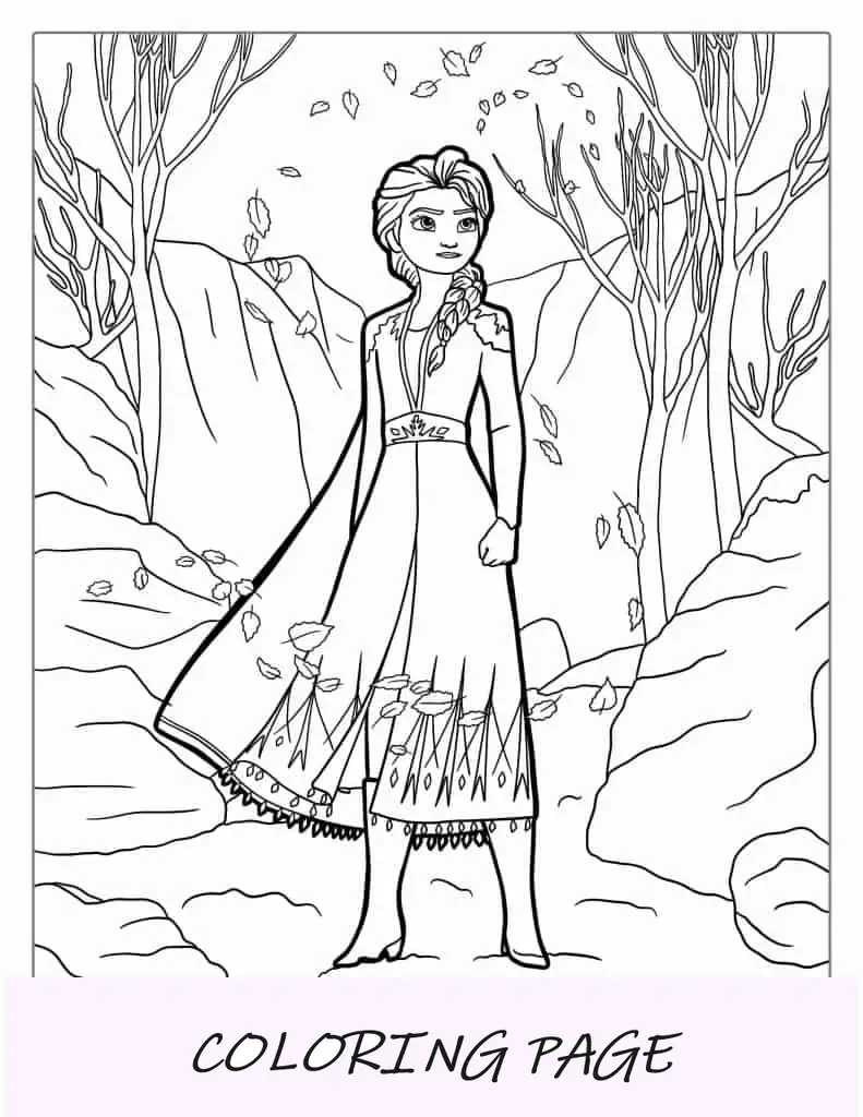 Elsa parada no desfiladeiro com folhas girando para colorir