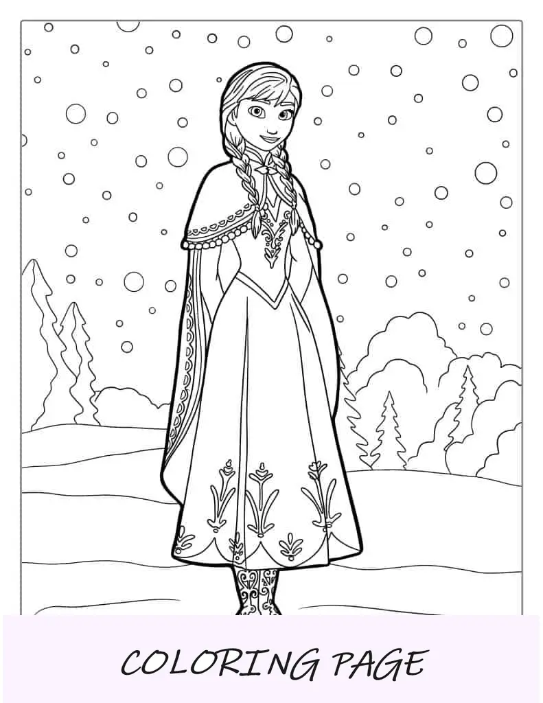Anna cercada pela neve caindo para colorir