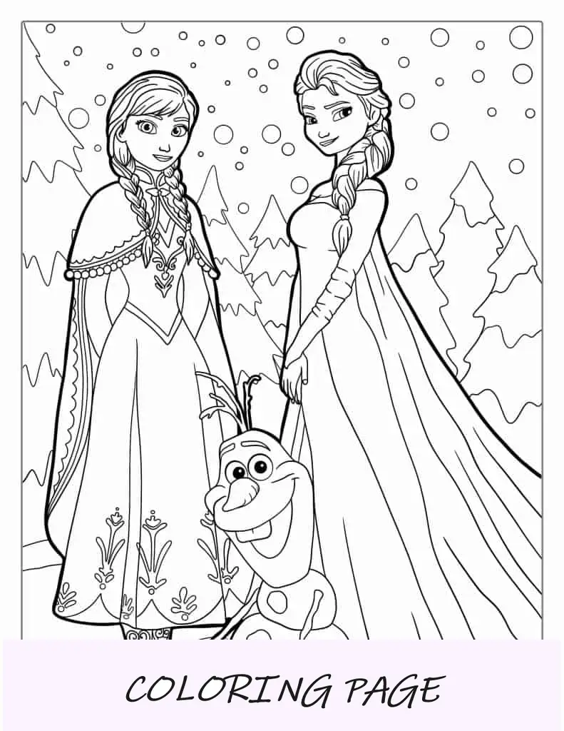 Desenho para colorir de Olaf, Elsa e Anna para crianças