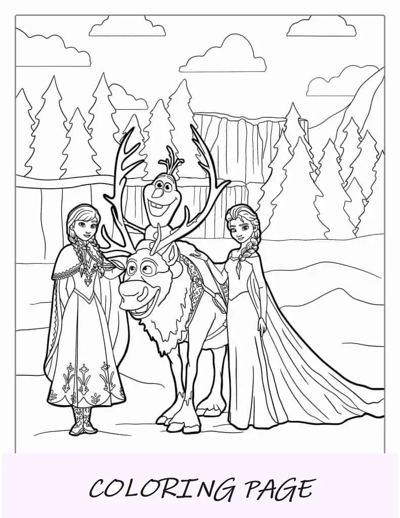 Desenho para colorir de Anna, Elsa, Olaf e Sven