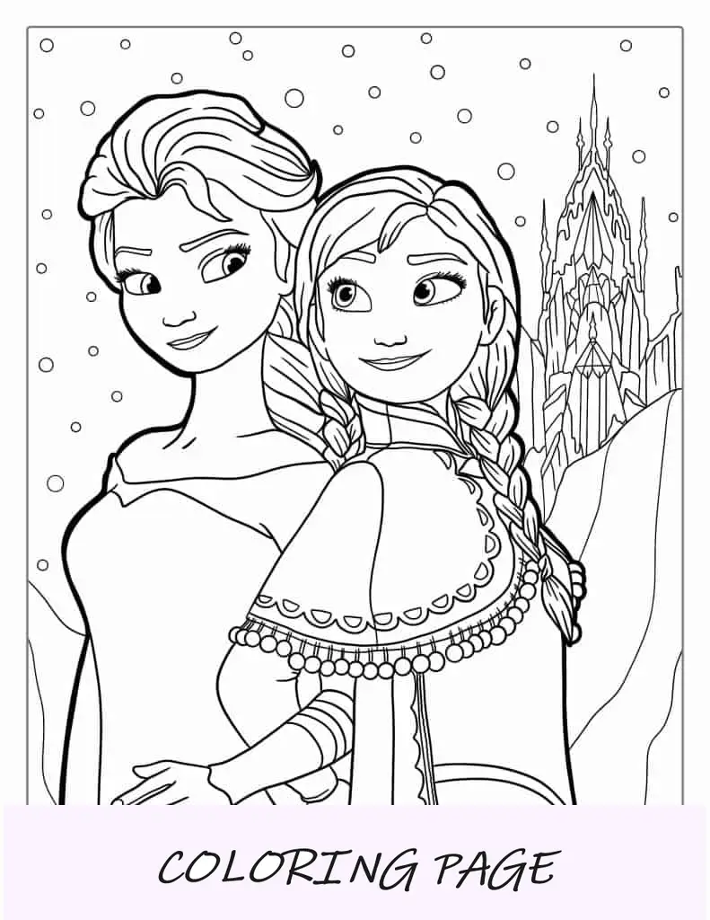Folha para colorir Elsa e Anna com castelo