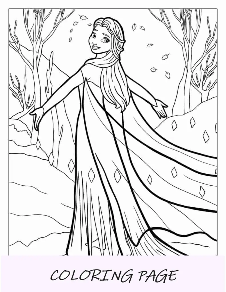 Elsa com vestido grande e esvoaçante para colorir