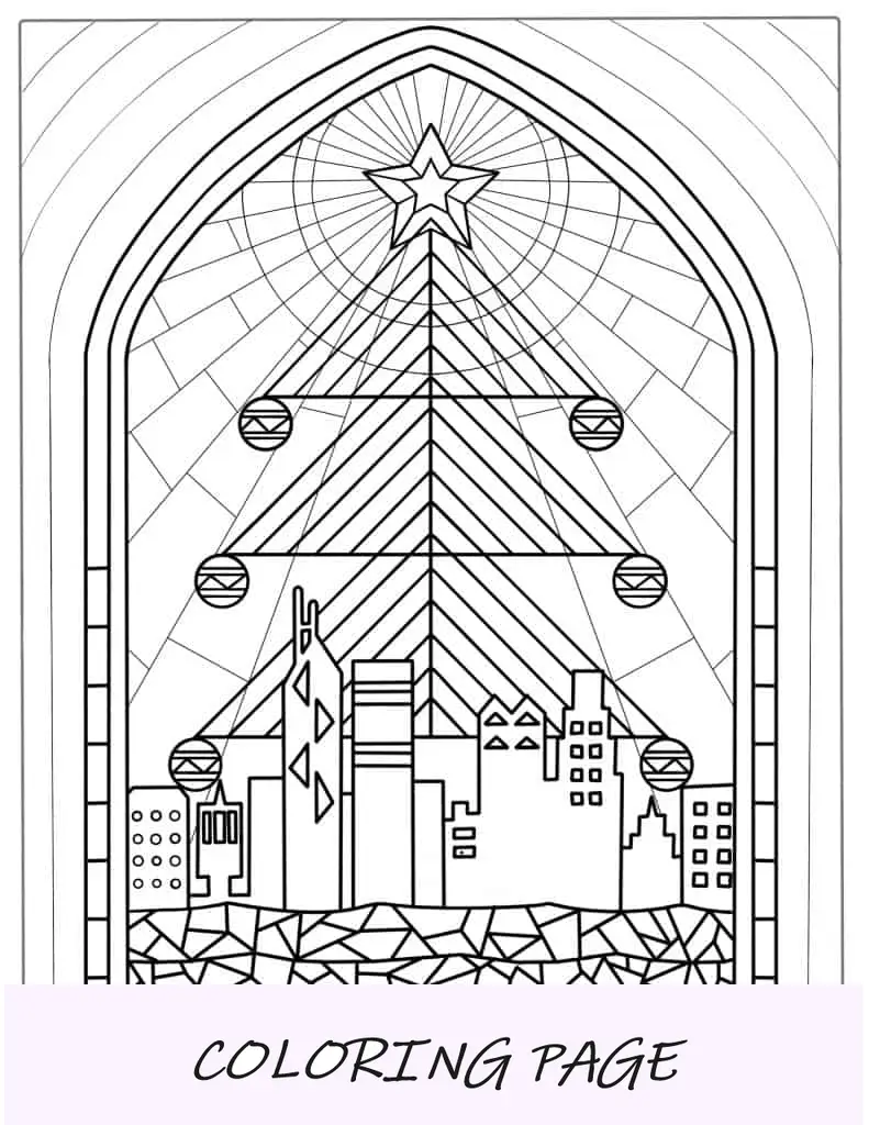 Página para colorear de vidrieras de árboles de Navidad