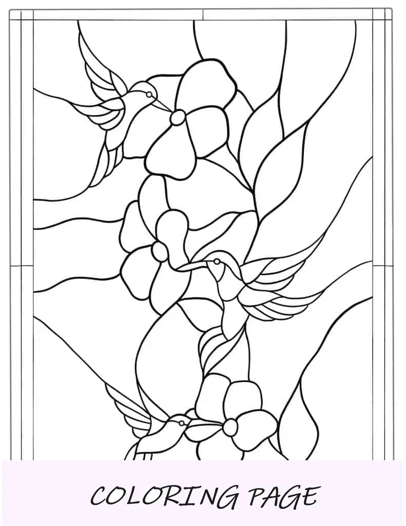 Vidrieras con flores y pájaros para colorear.