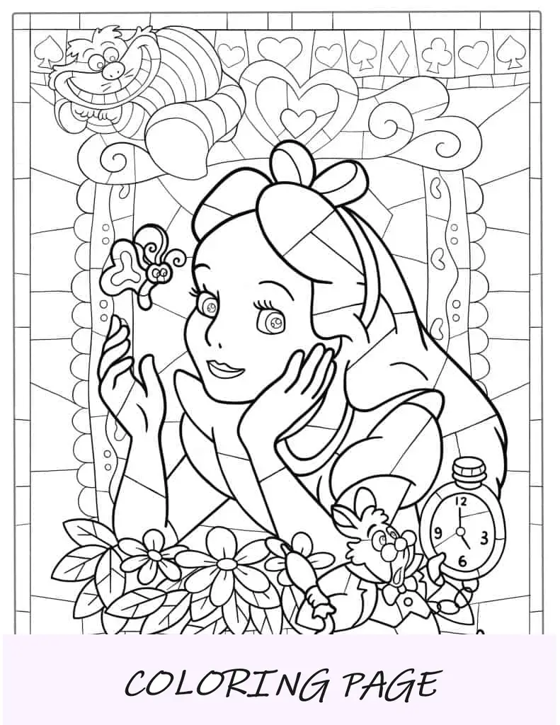 Hoja para colorear de vidrieras de Alicia en el país de las maravillas