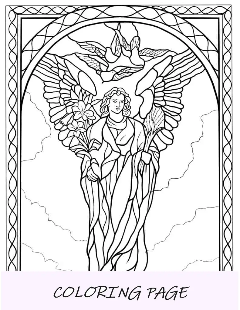 Página para colorear de vidrieras de ángel y palomas