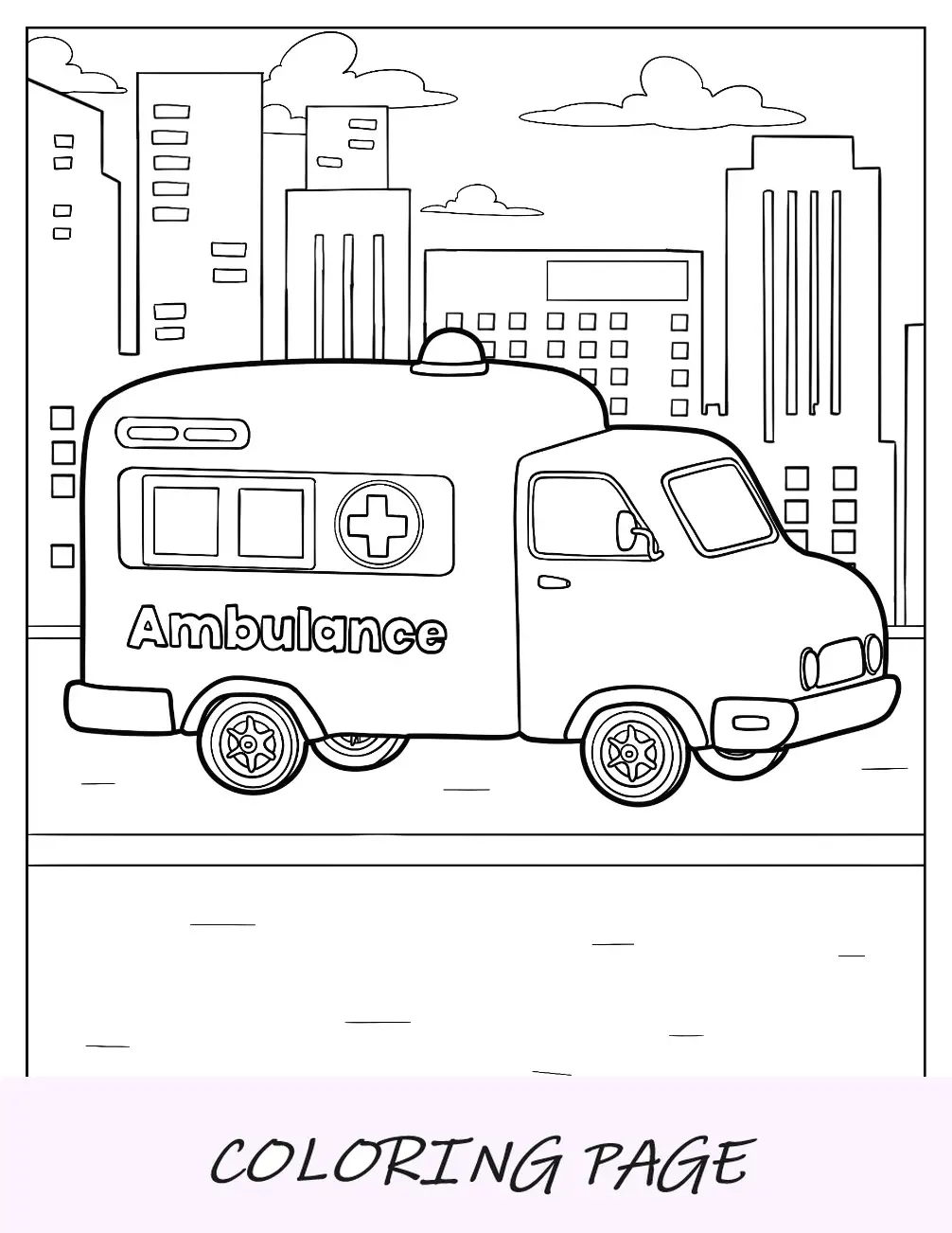 Pagina da colorare di ambulanza dei cartoni animati in città per bambini