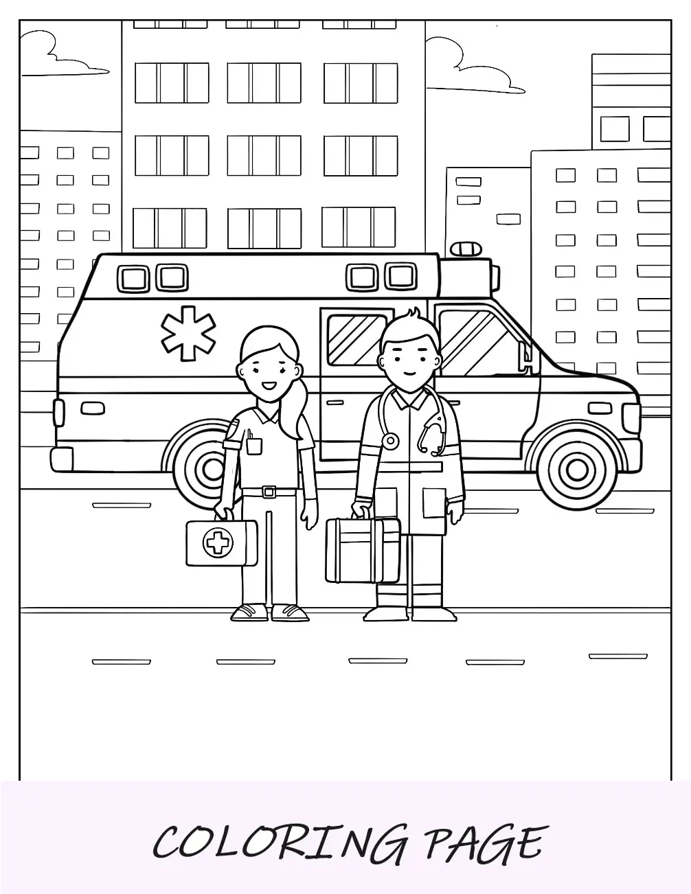 Paramedici con attrezzature mediche davanti a una pagina da colorare di ambulanza