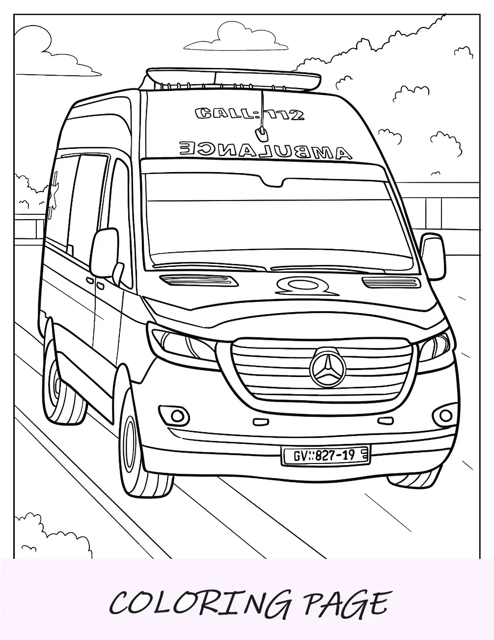 Vista frontale della pagina da colorare di ambulanza Eccesso di velocità sulla strada