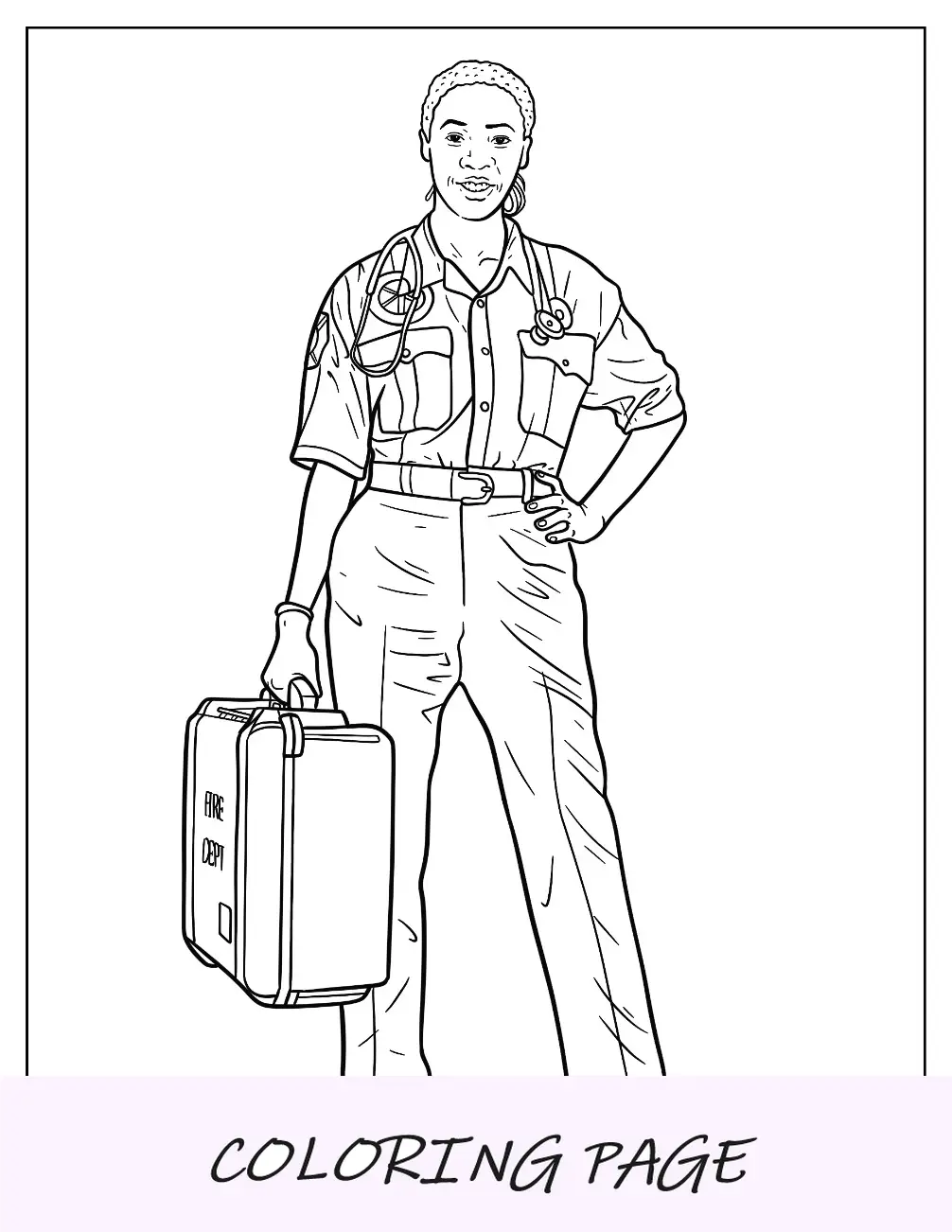 Ambulanza Pagina da colorare di paramedico femminile che trasporta attrezzature