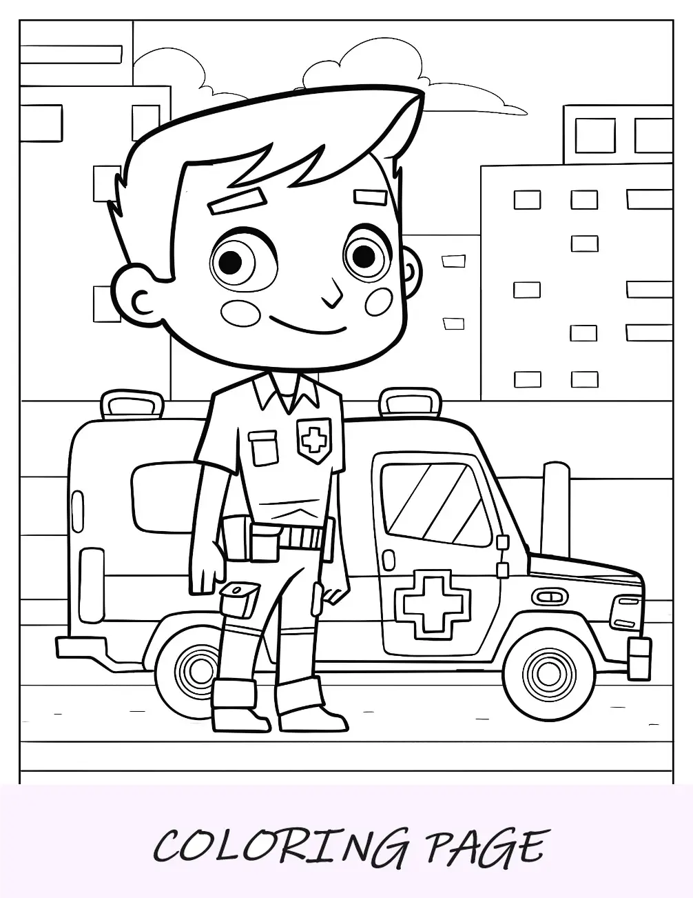 Paramedico Chibi in piedi accanto a un'ambulanza da colorare