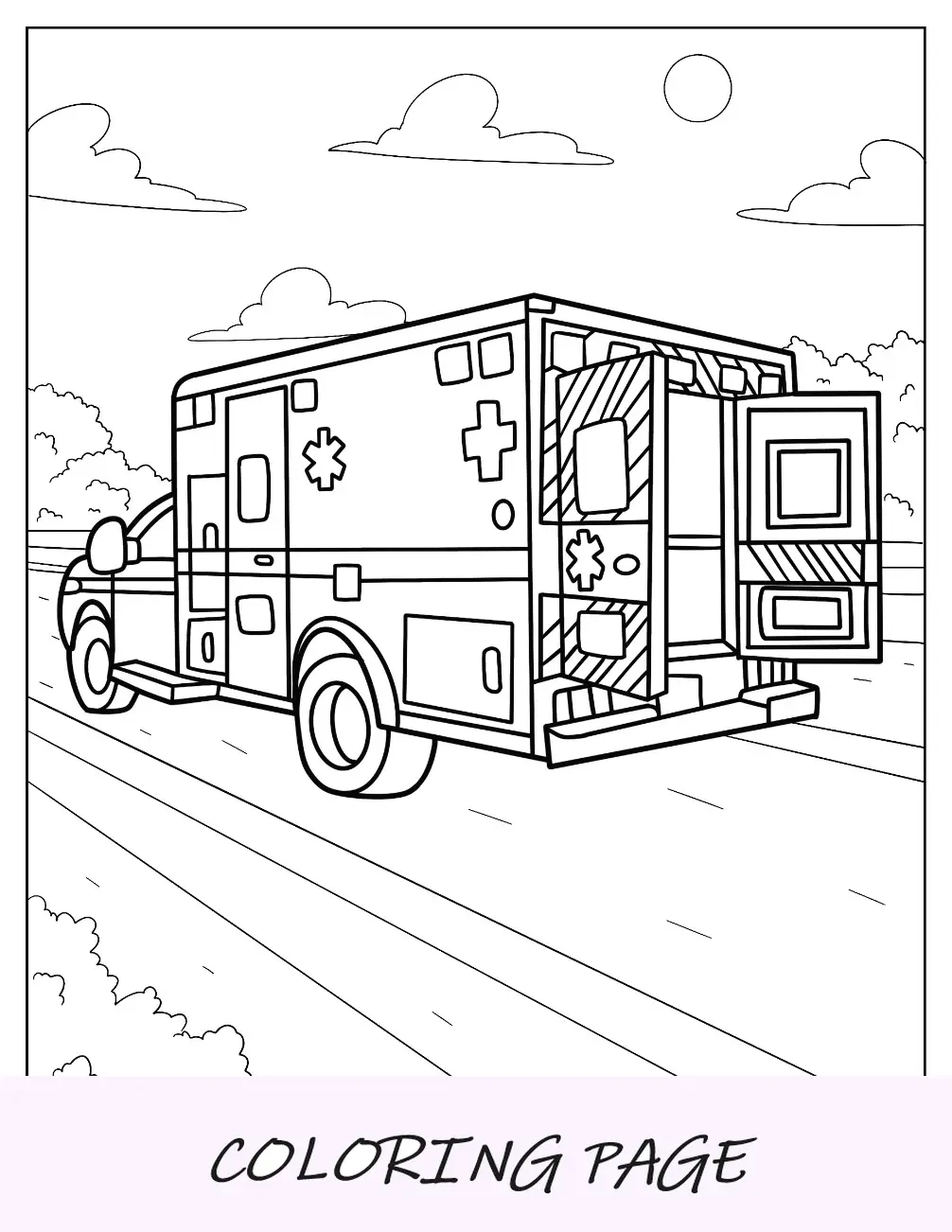 Pagina da colorare di ambulanza con le porte aperte