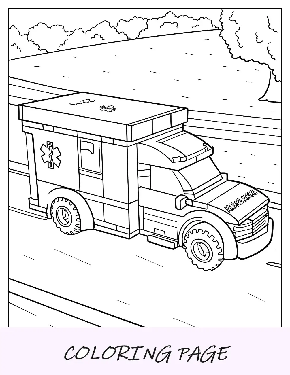 Pagina da colorare dell'ambulanza Lego che accelera sulla strada