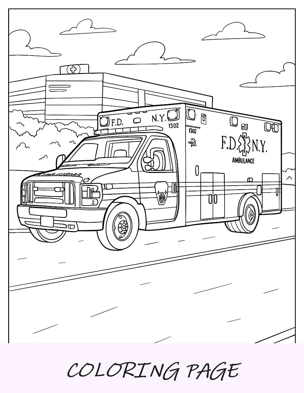 Pagina da colorare dell'ambulanza FDNY sulla strada