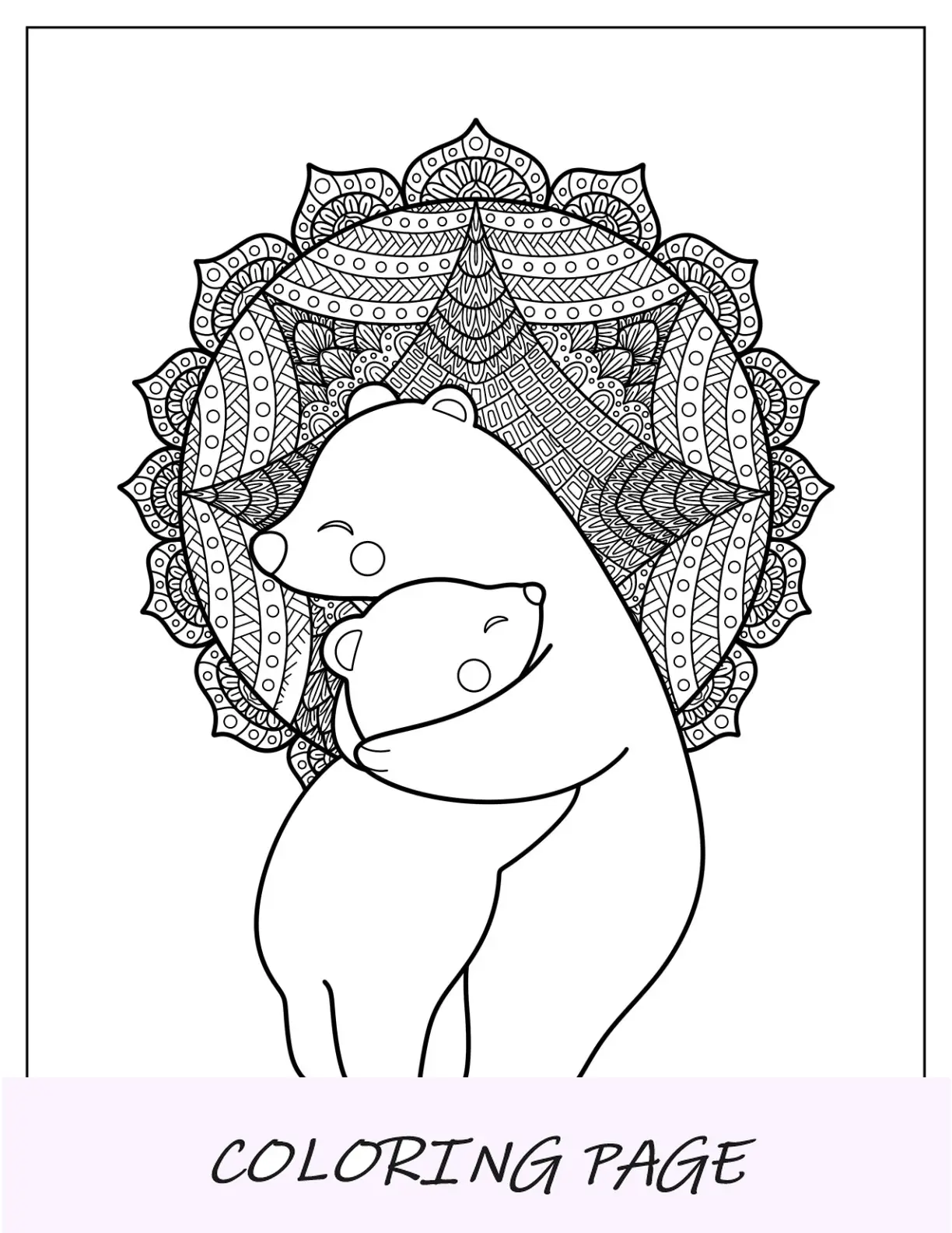 Página para colorear de dos osos de dibujos animados abrazándose delante de un mandala