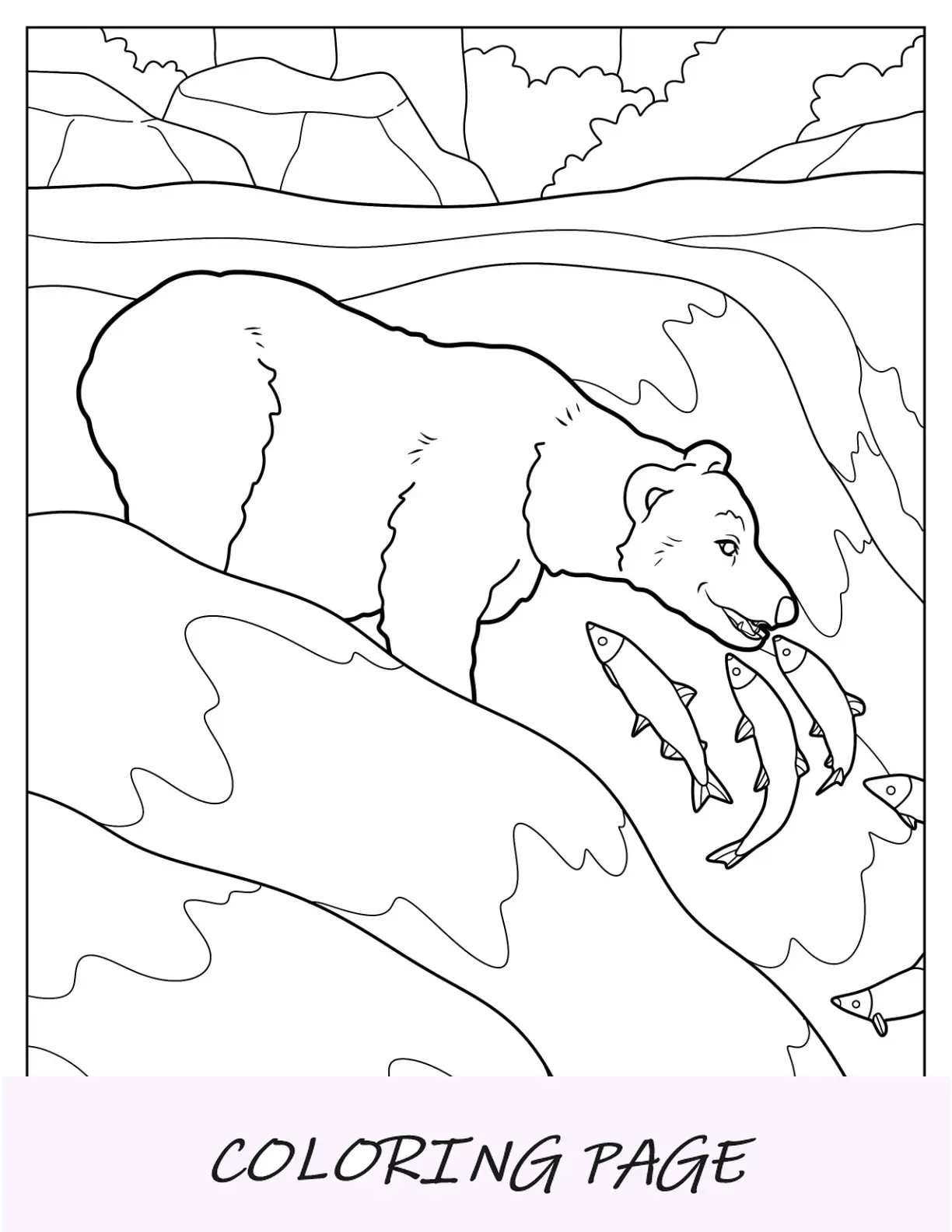 Página para colorear de oso simple pescando en cascadas