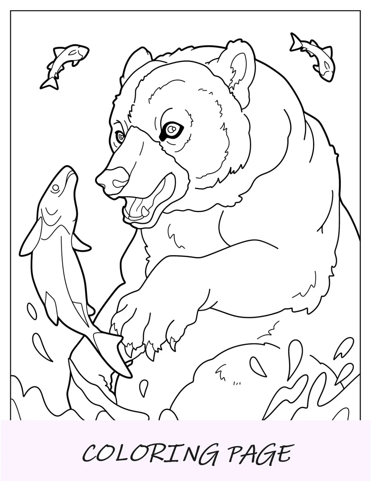 Página para colorear de oso aterrador capturando peces en el aire