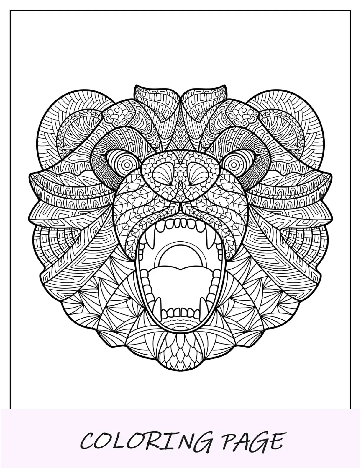 Página para colorear de oso rugiente con mandala de dientes afilados
