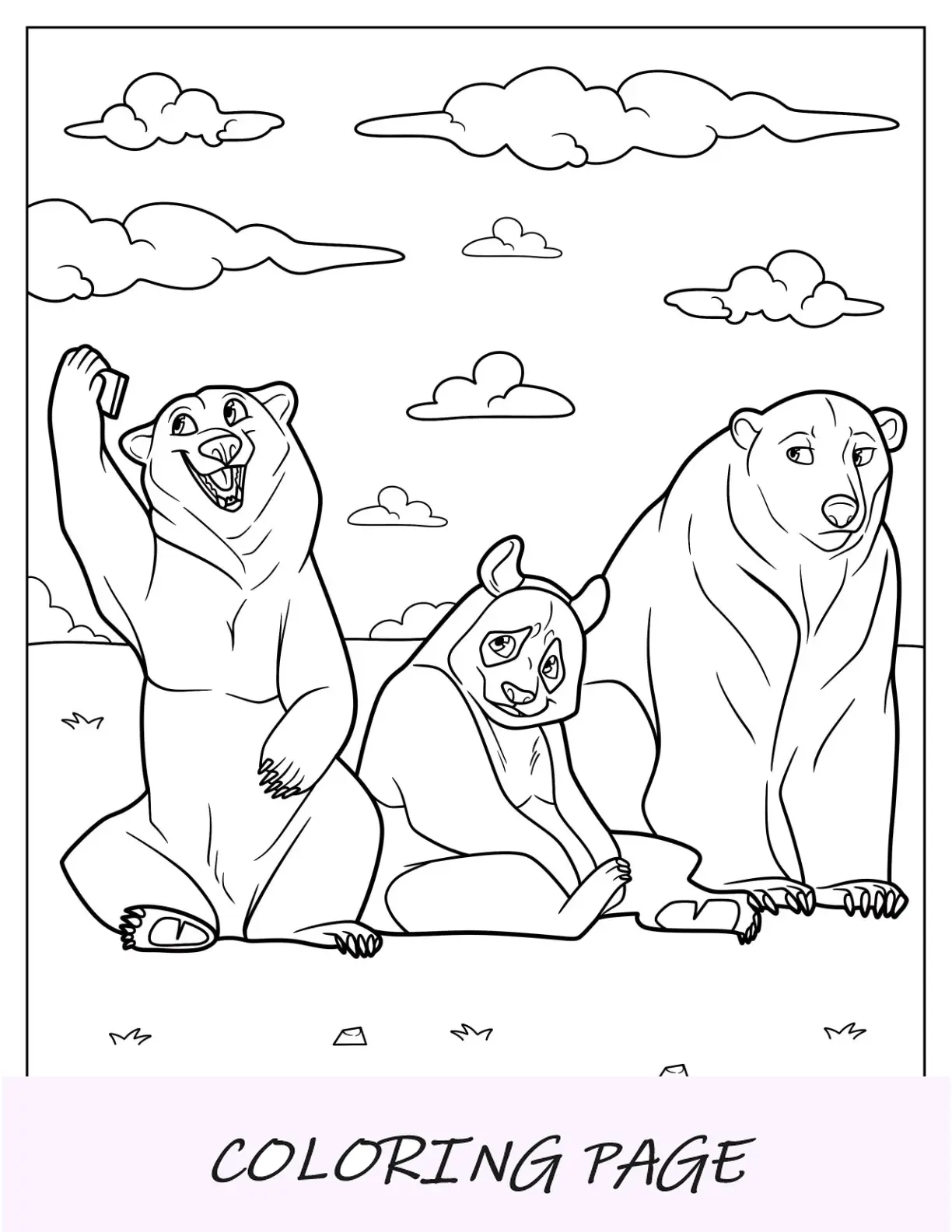 Página para colorear de oso de dibujos animados tomando selfie con panda y oso polar