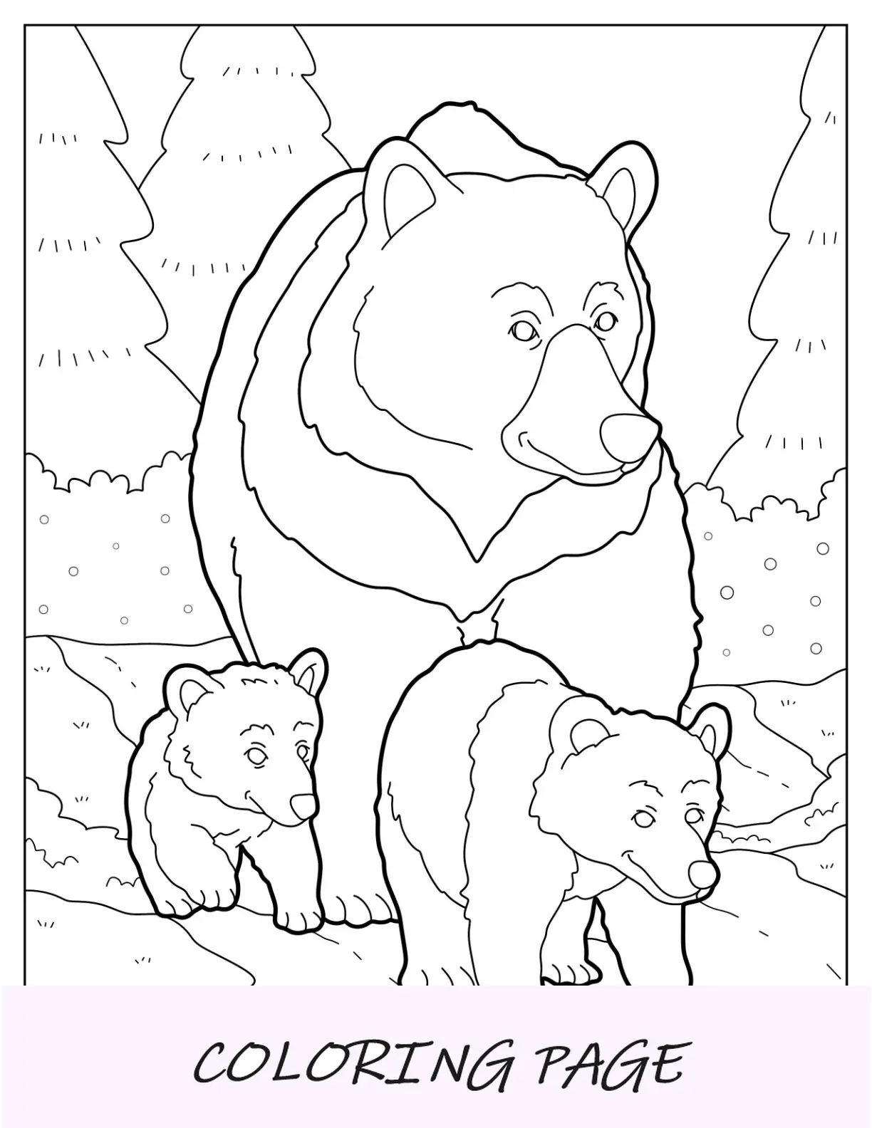 Página para colorear de mamá osa caminando con sus dos cachorros en el bosque