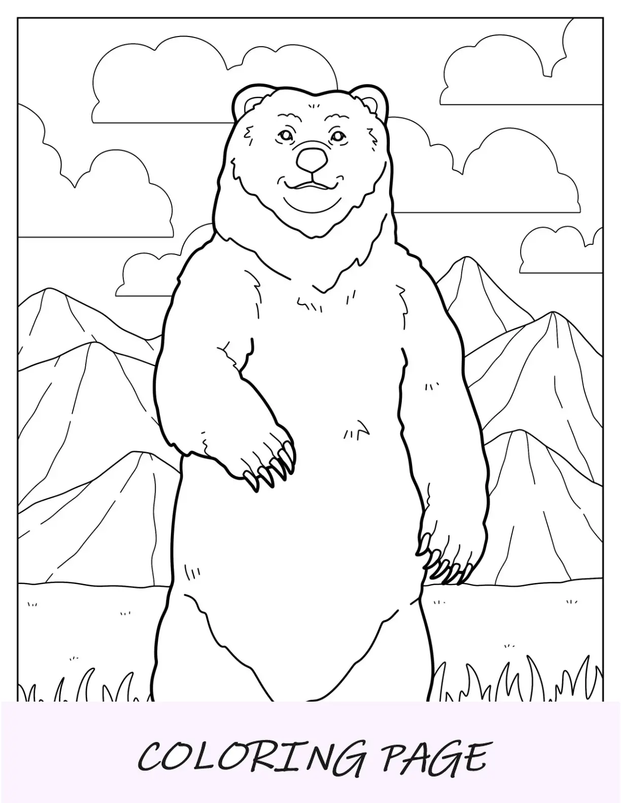Página para colorear de oso realista de pie en la ladera de la montaña