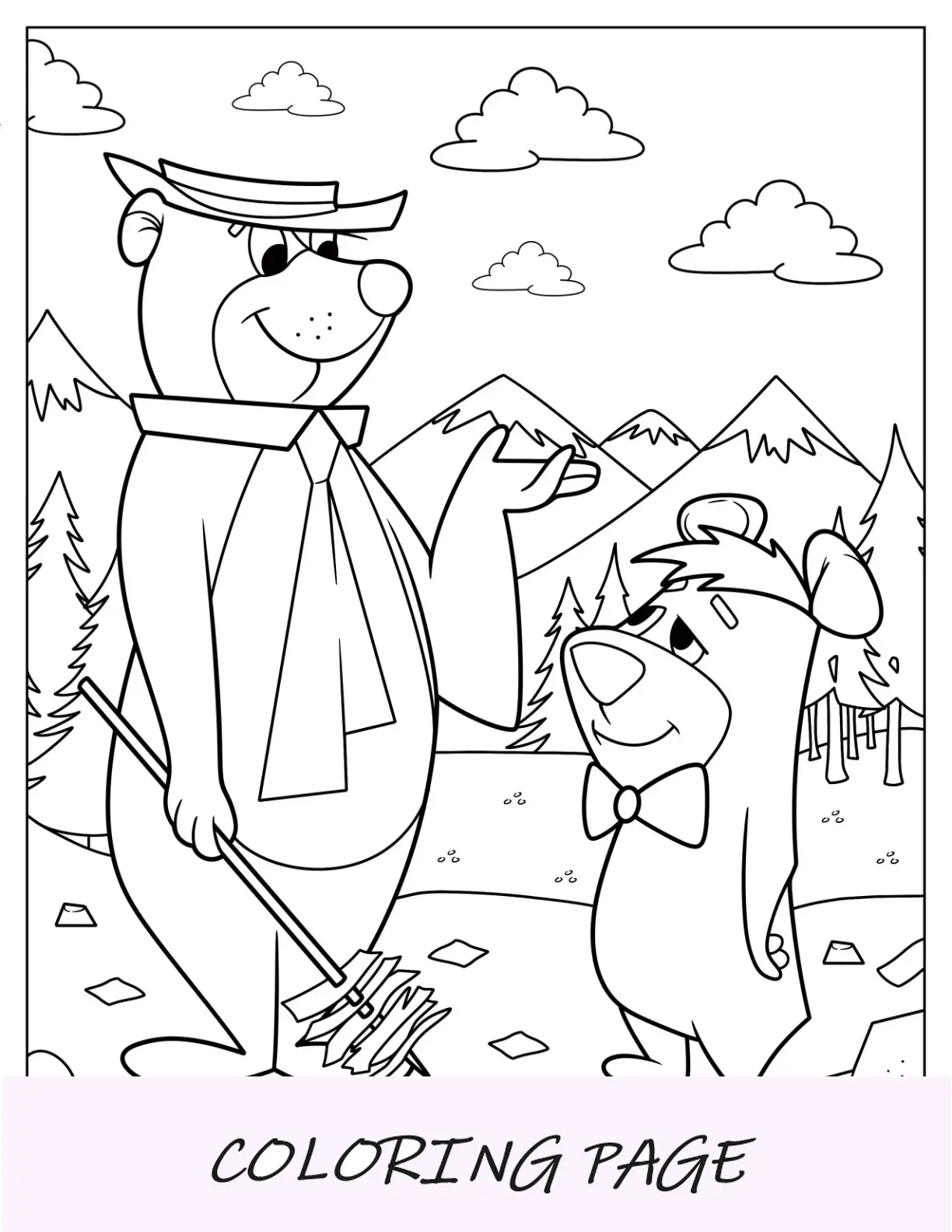 Página para colorear de oso Yogi con Boo Boo en el bosque