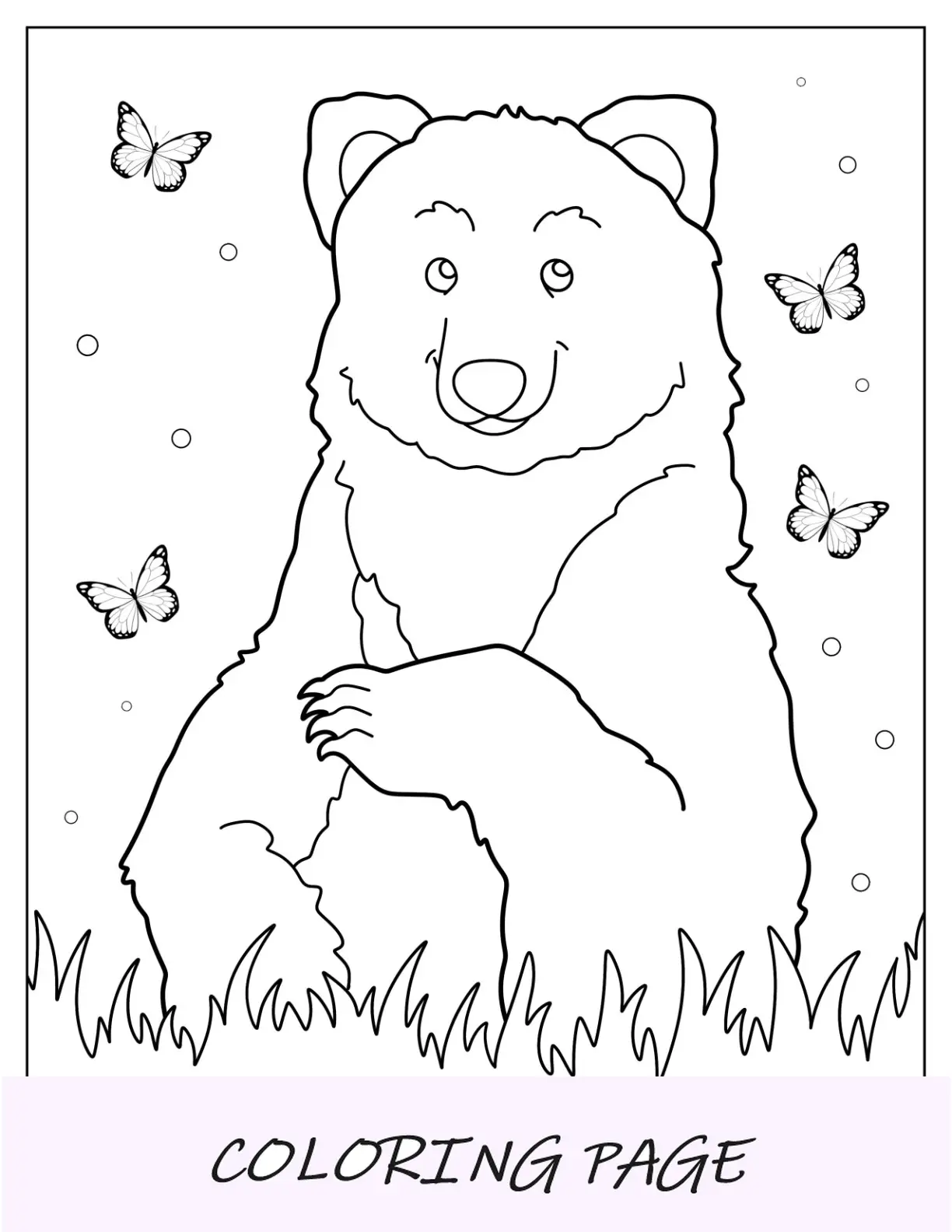 Lindo oso para colorear sentado en la hierba con mariposas