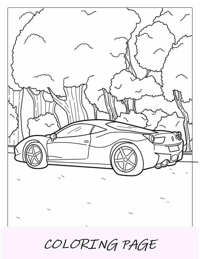 Página para colorir de carro de corrida Ferrari