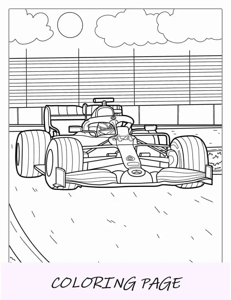 Página para colorir de carro de corrida de F1
