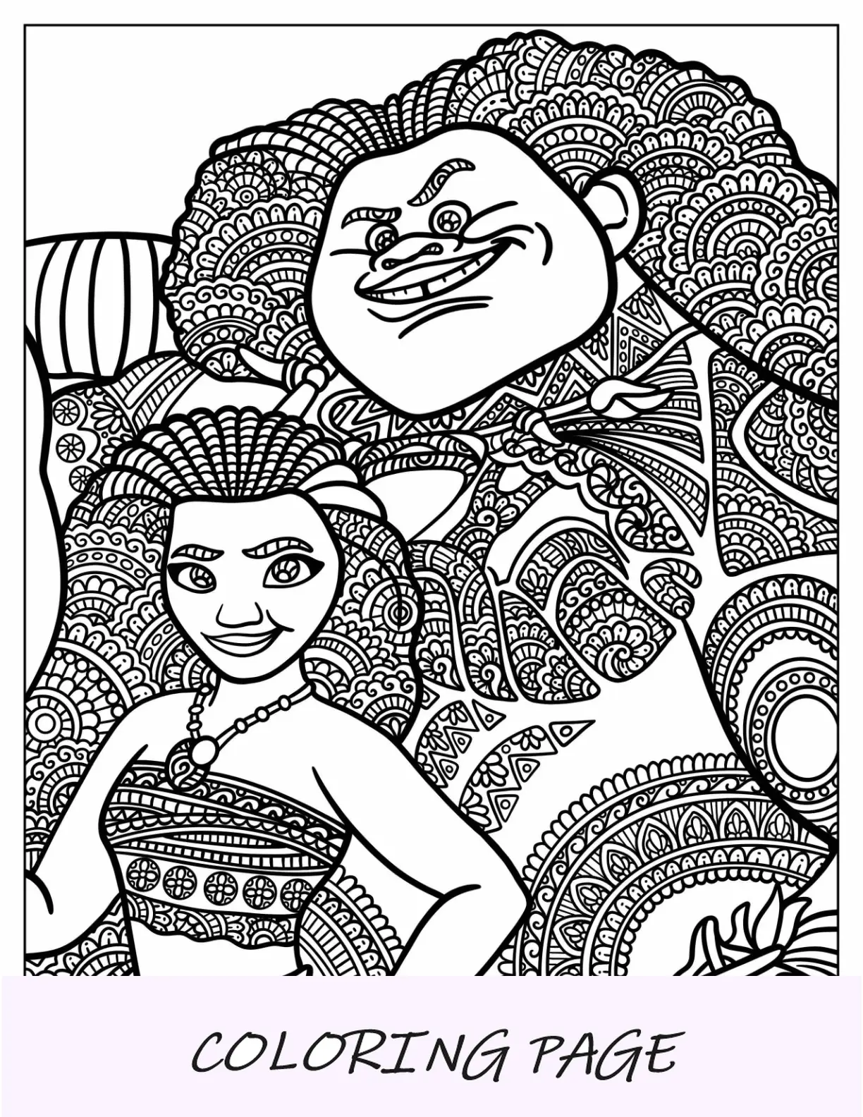 Páginas para colorear de Disney para adultos de intrincados mandalas de Moana y Maui