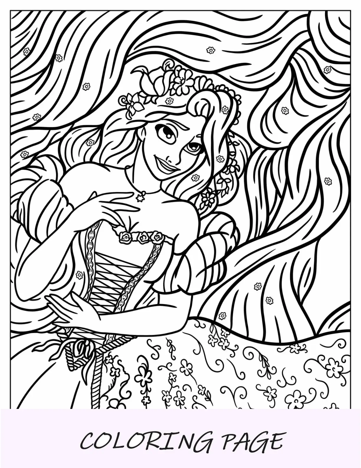 Dibujos para colorear de Disney para adultos de Rapunzel acostada sobre su pelo largo