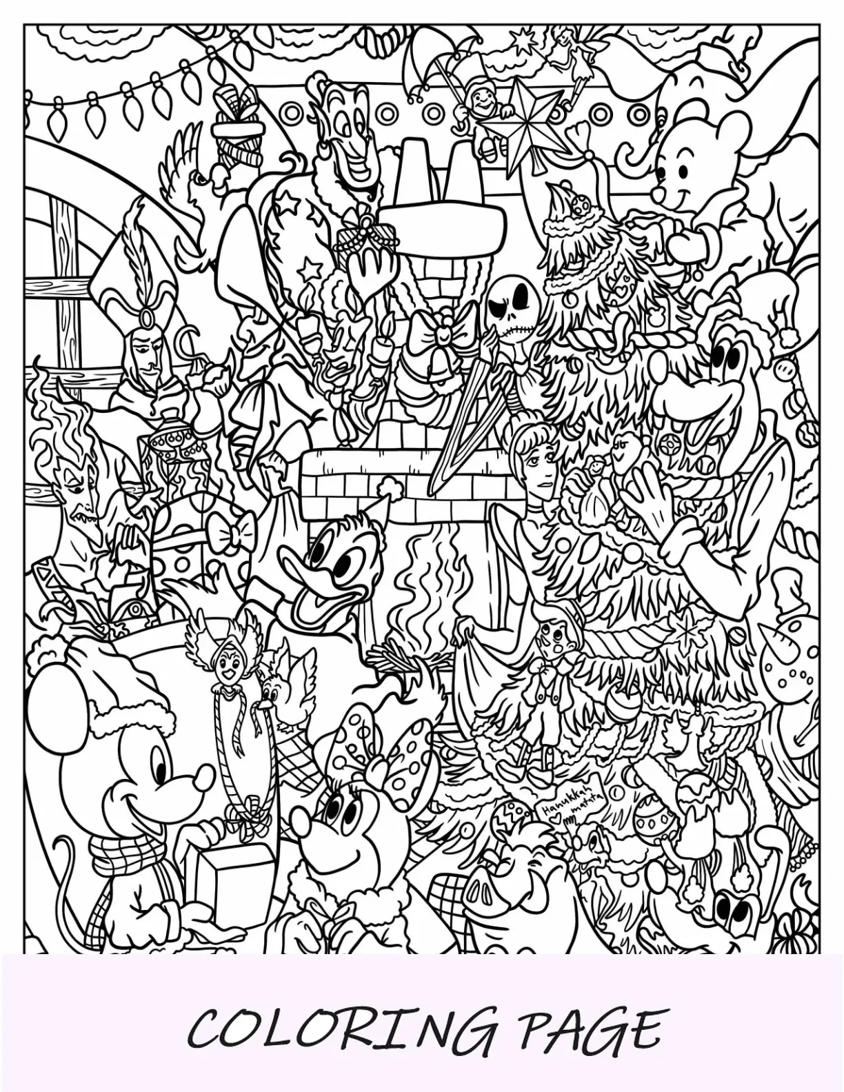 Dibujos de Disney para colorear para adultos de personajes celebrando la Navidad