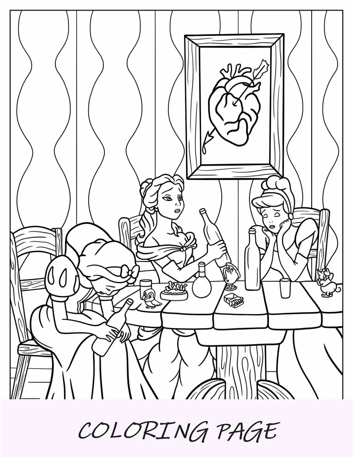 Dibujos para colorear de Disney para adultos de Blancanieves, Bella y Cenicienta borrachas