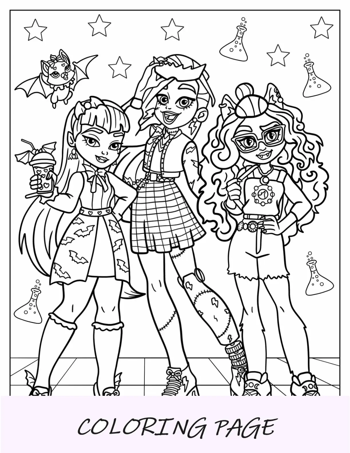 Página para colorir de Monster High com detalhes detalhados de Monster High Draculaura, Frankie Stein e Clawdeen Wolf