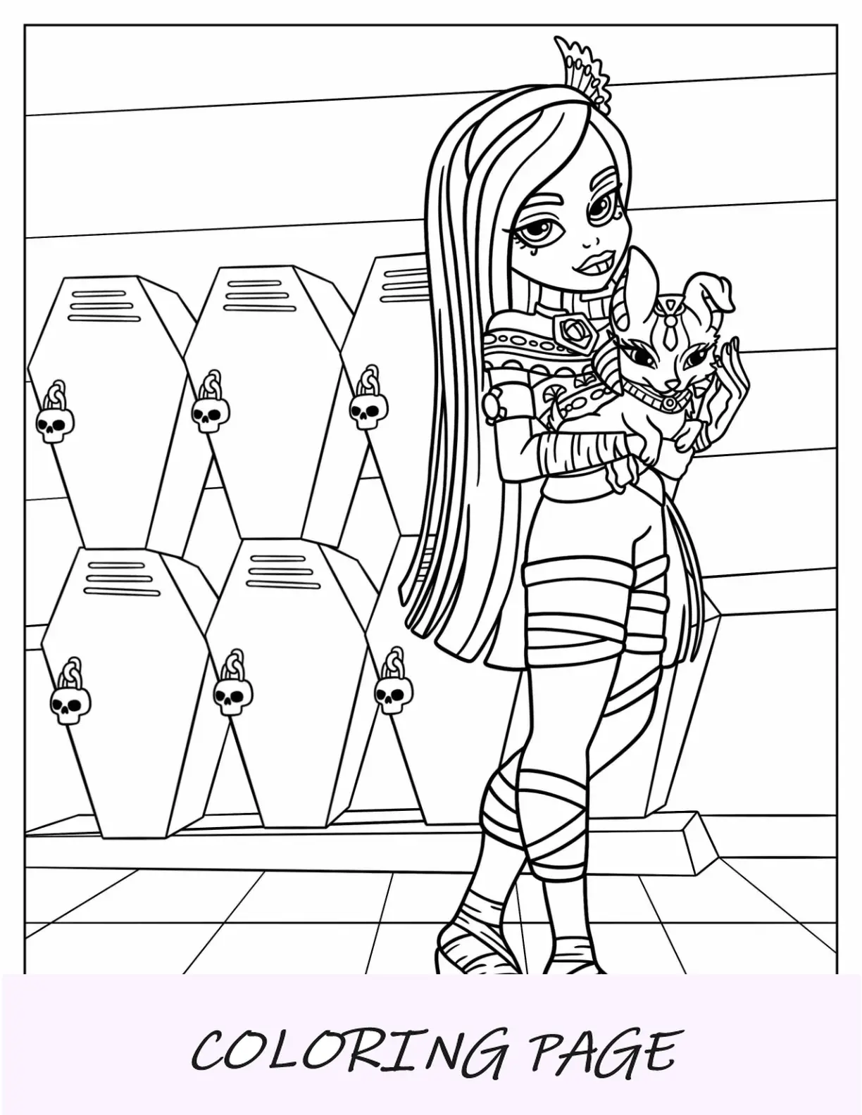 Página para colorir de Monster High de Cleo de Nile segurando um gato