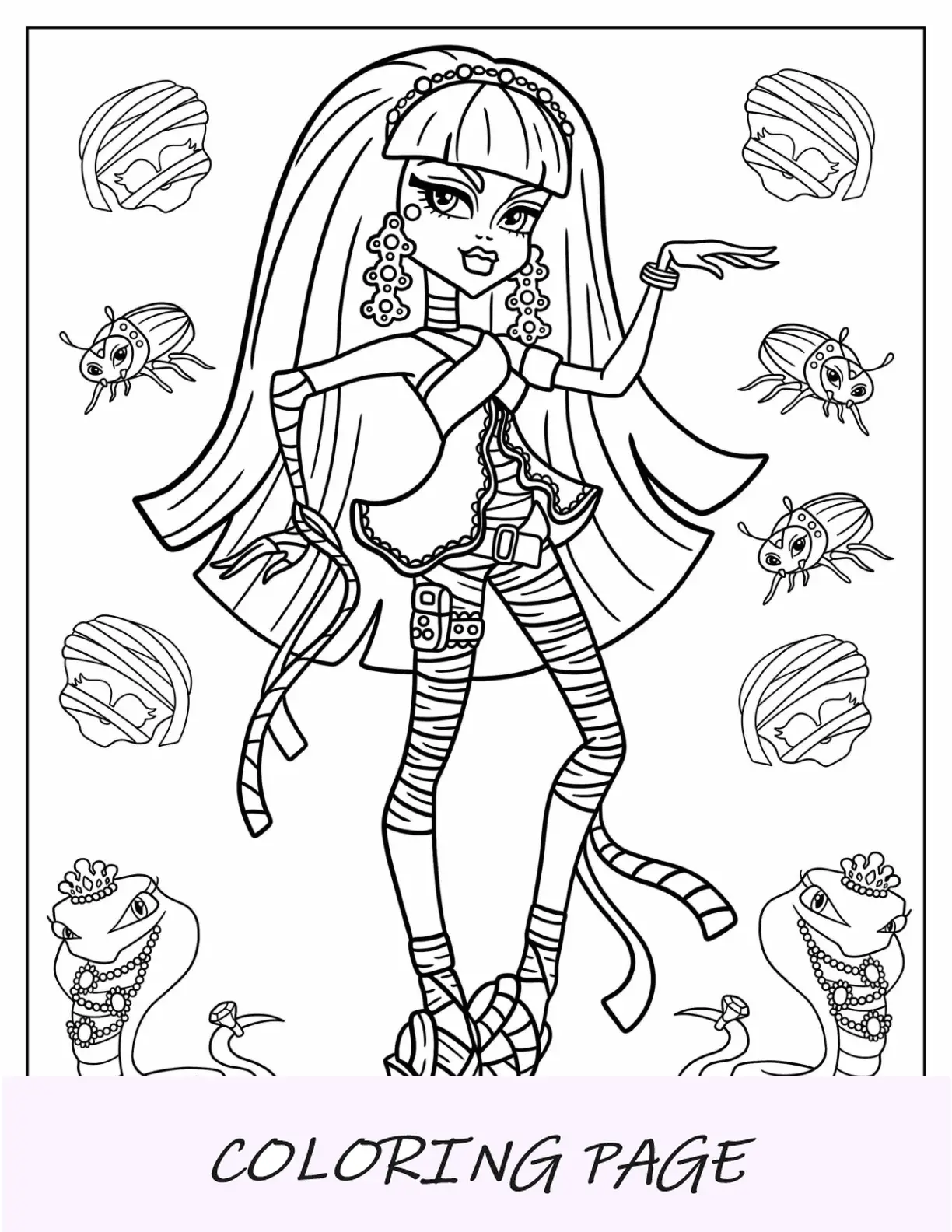 Página para colorir de Monster High de Cleo de Nile fazendo dança egípcia