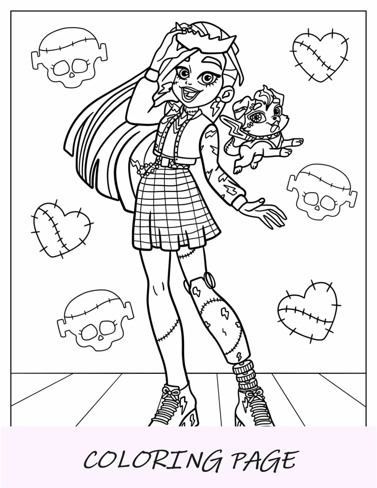 Página para colorir Monster High de Frankie Stein segurando óculos