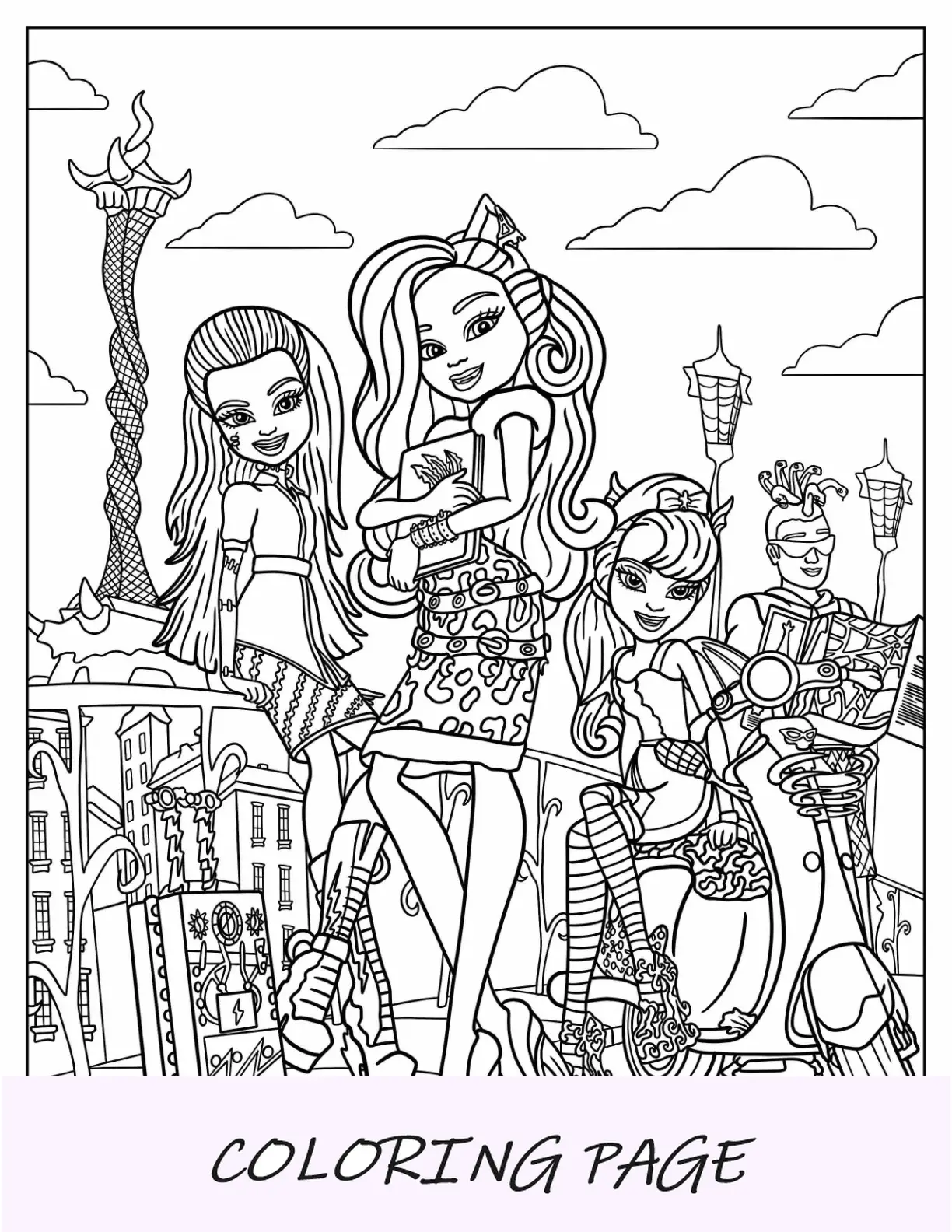 Página para colorir Monster High de Frankie Stein, Clawdeen, Catrine DeMew e Deuce Gorgon