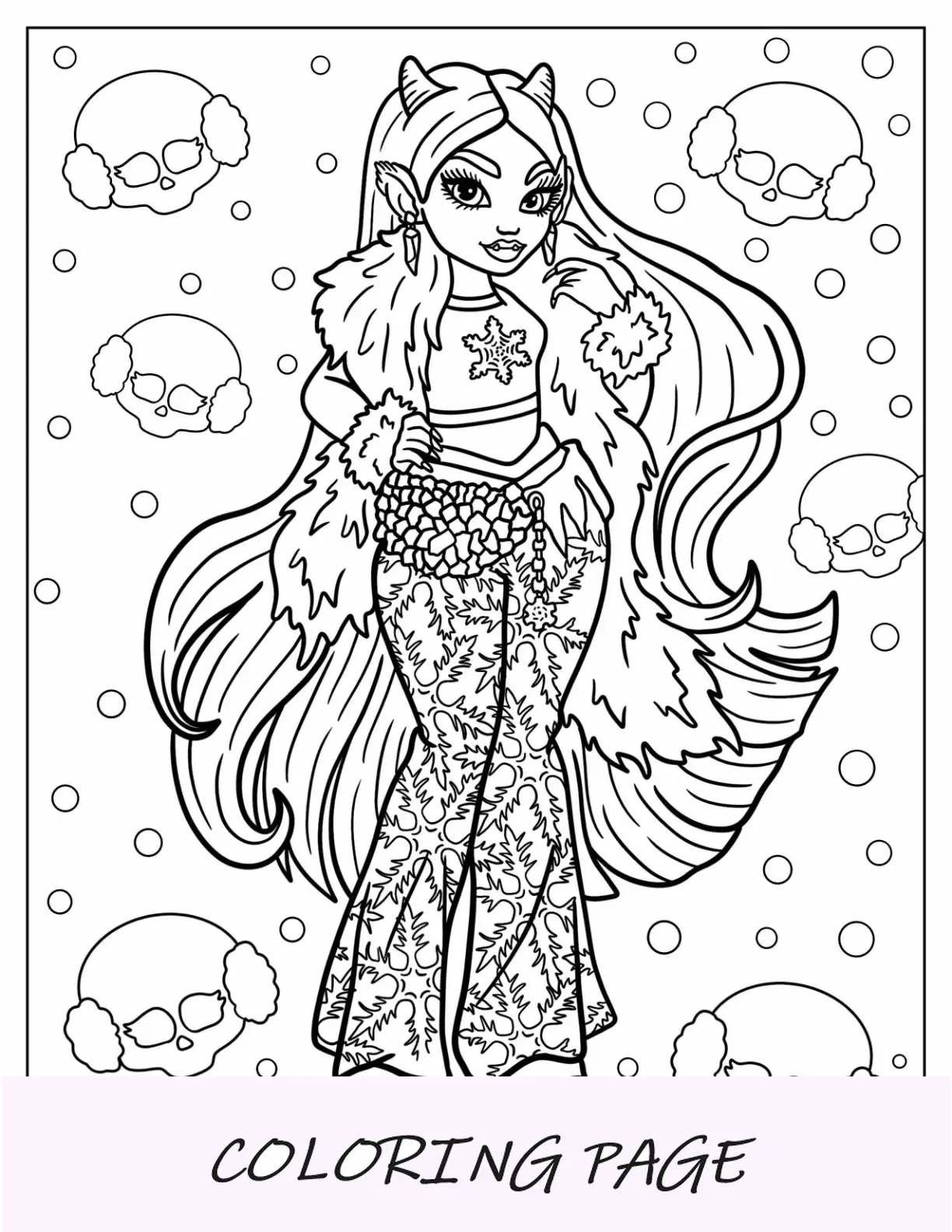 Página para colorir Monster High de Abbey Bominable usando casaco de pele