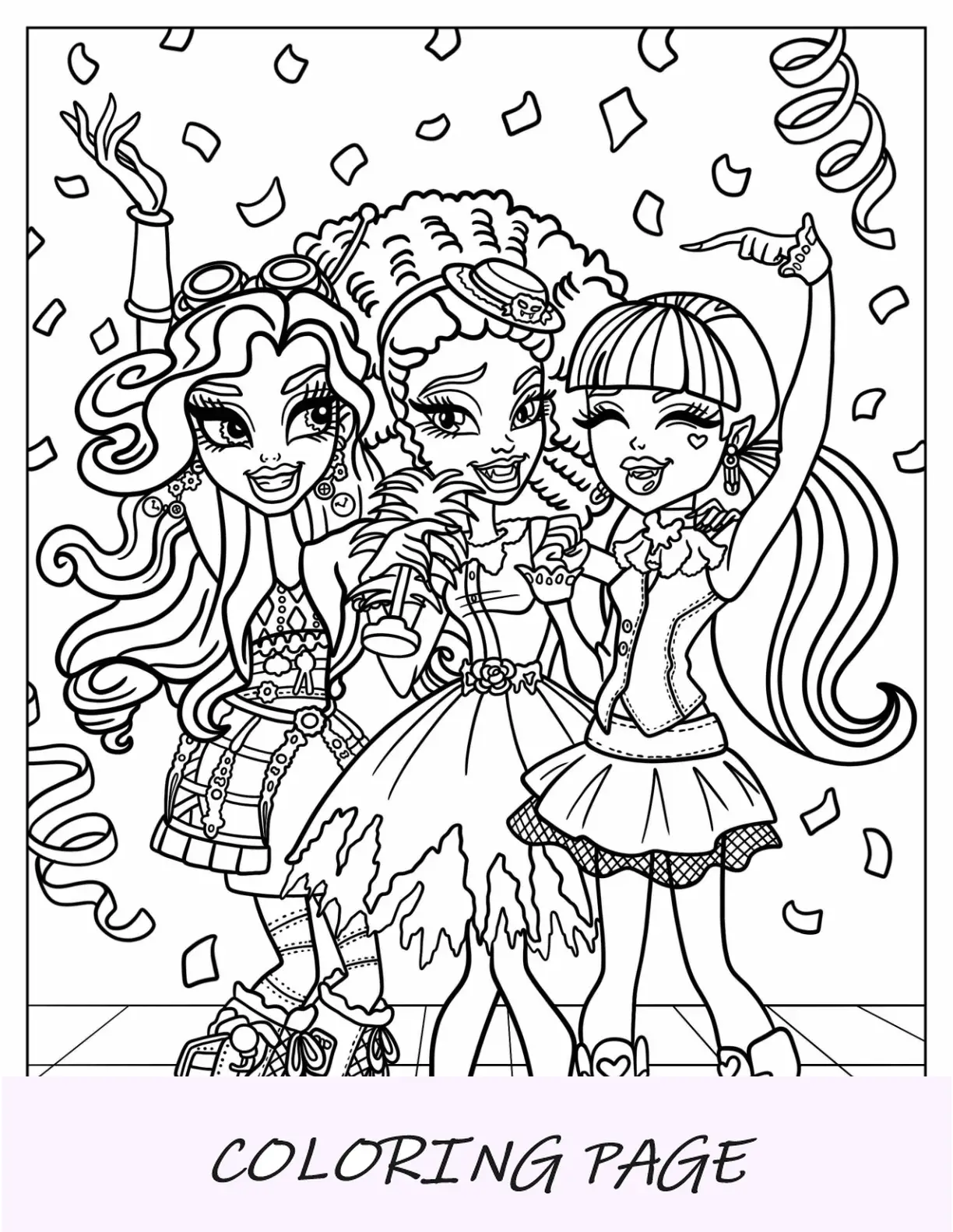 Página para colorir Monster High de Robecca Steam, Honey Swamp e Frankie Stein dançando
