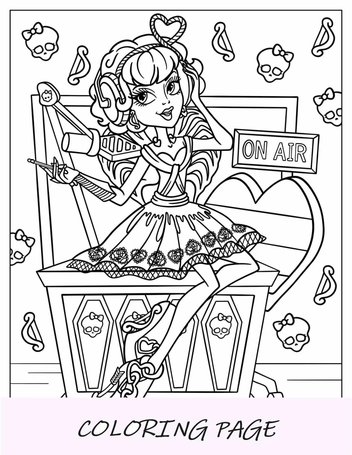 Página para colorir de Monster High de C.A. Cupido na cabine de rádio