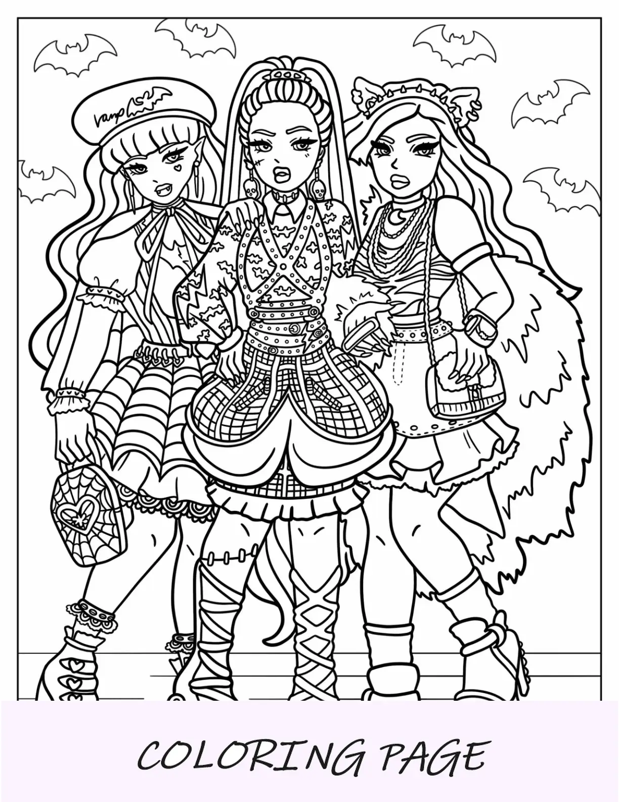 Página para colorir de Monster High de Draculaura, Frankie Stein e Clawdeen Wolf