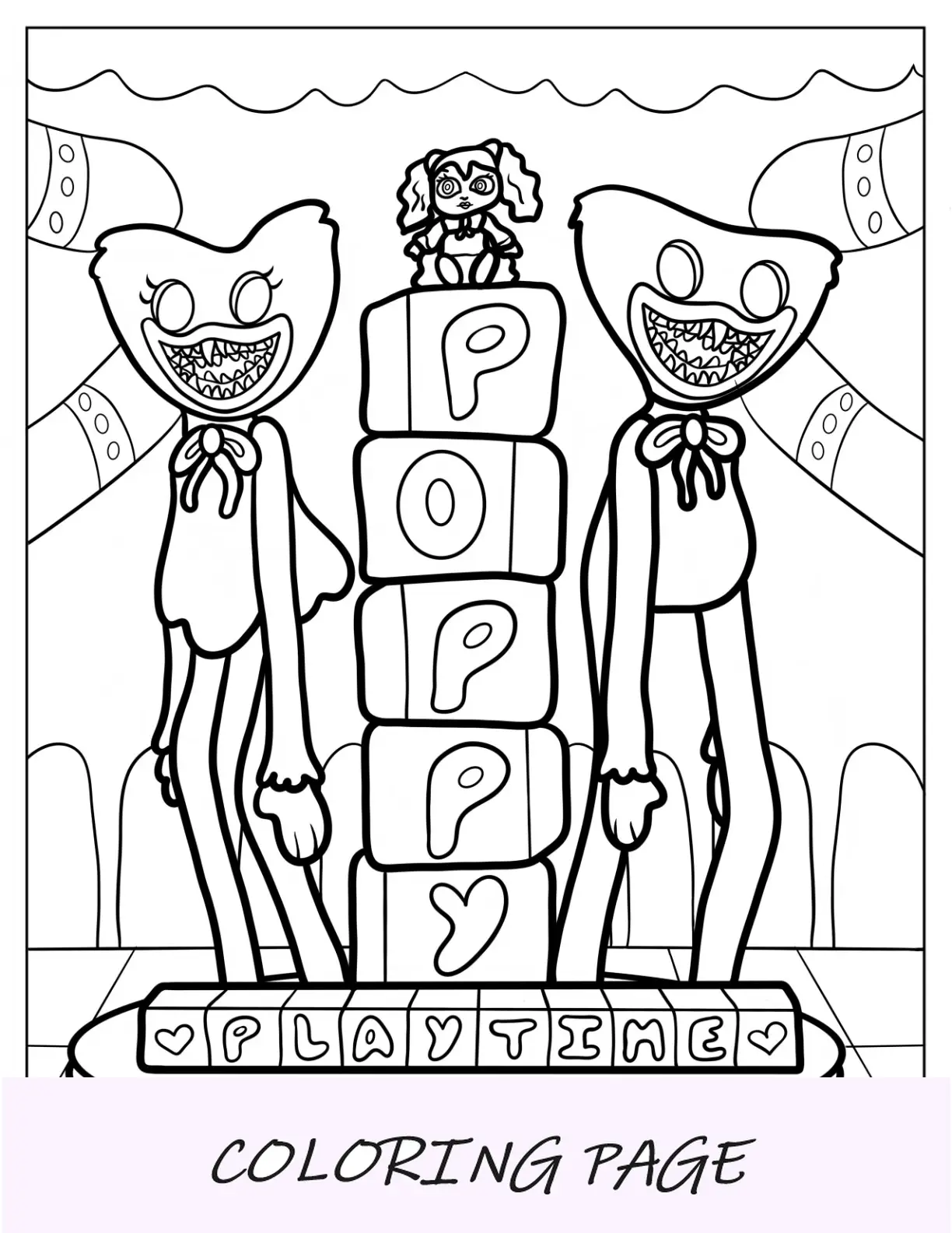 Página para colorir de Poppy Playtime com Huggy Wuggies