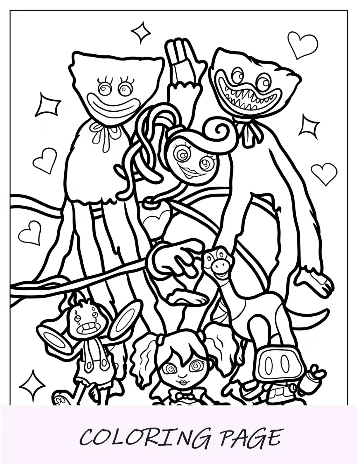 Página para colorir Poppy Playtime da mamãe pernas longas, Huggy Wuggy, Kissy Missy, Poppy, Bron, Boogie Bot e Bunzo Bunny