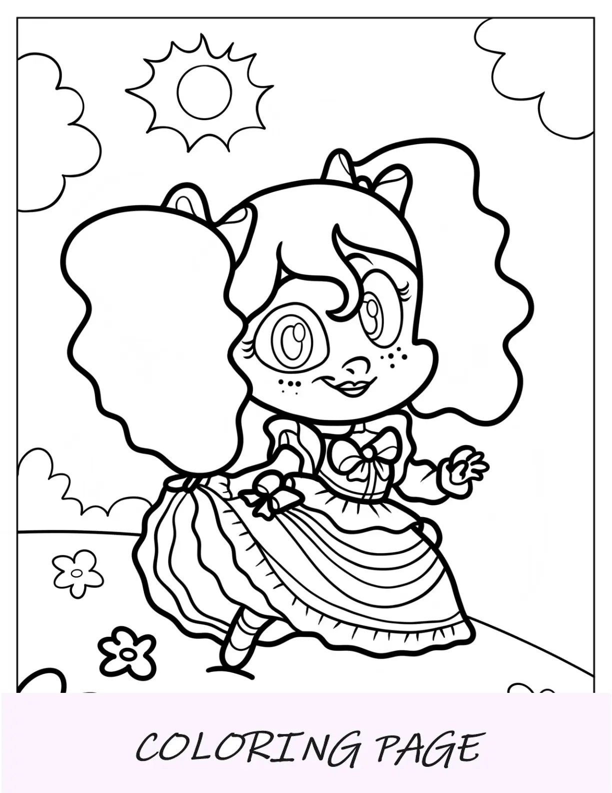 Página para colorir de Poppy Playtime de papoula Kawaii em um campo de flores