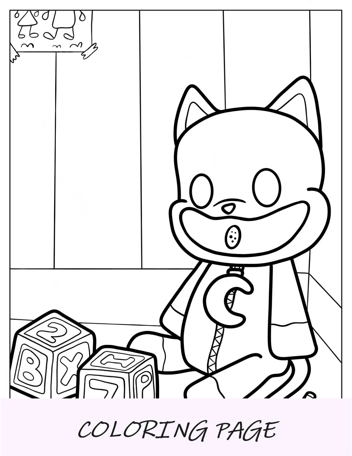 Página para colorir de Poppy Playtime com uma linda soneca sentada em um canto com blocos numéricos