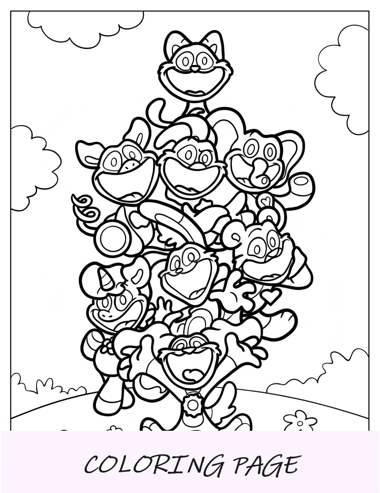 Página para colorir de Poppy Playtime de criaturas sorridentes de Poppy Playtime