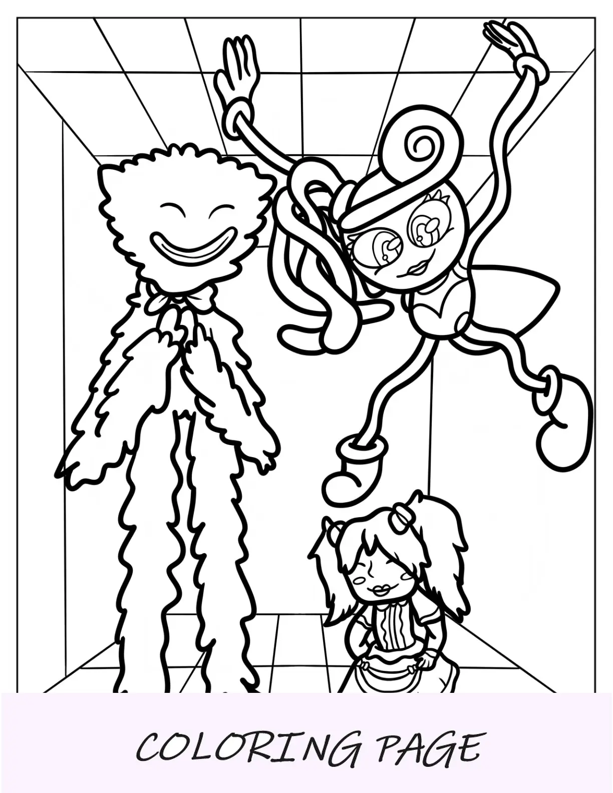 Página para colorir de Poppy Playtime de Poppy em uma sala com pernas longas da mamãe e Huggy Wuggy
